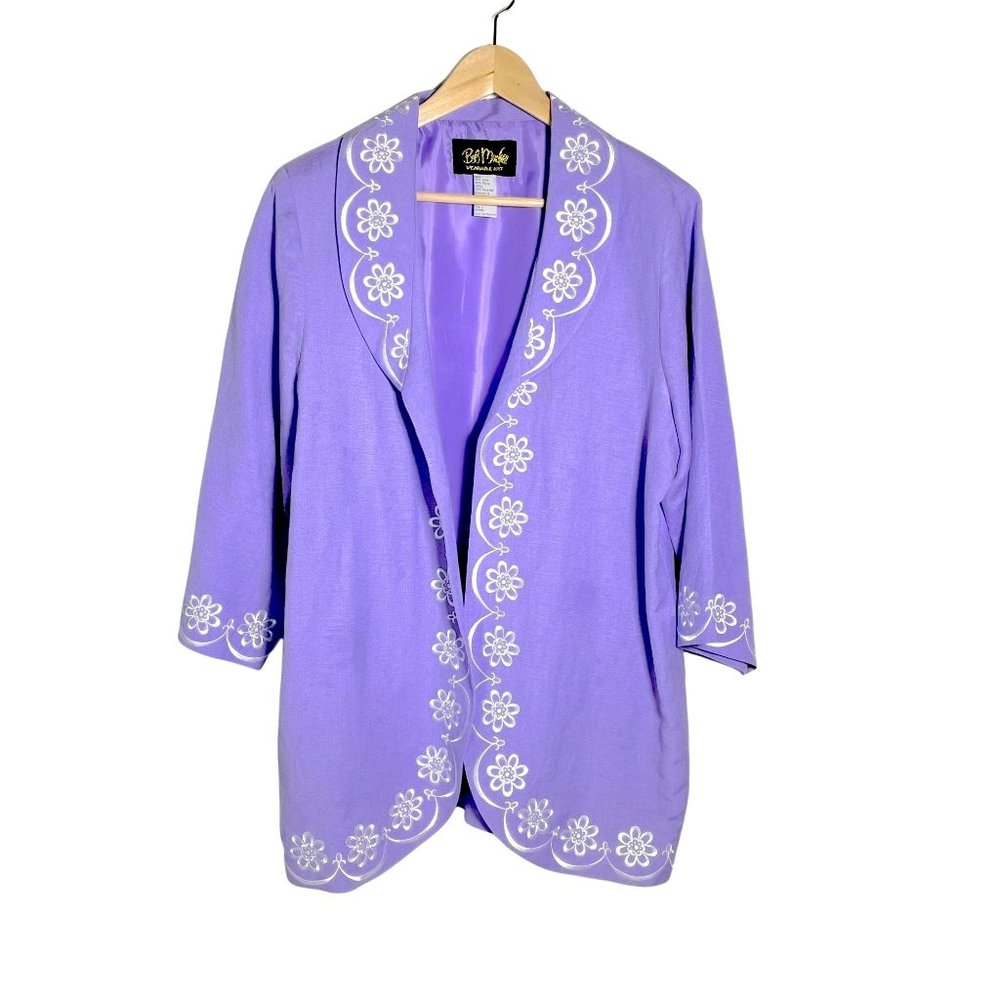 4/$25 Bob Mackie Jacket Wearable Art Linen Blend Embroidered Open Blazer Sz L